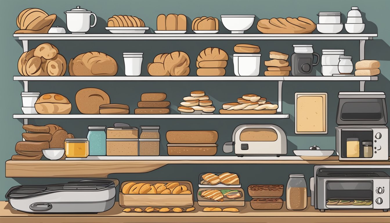 A kitchen counter with a variety of bread slices, bagels, and pastries next to a toaster and toaster oven, surrounded by shelves of different types of bread and a selection of spreads and toppings