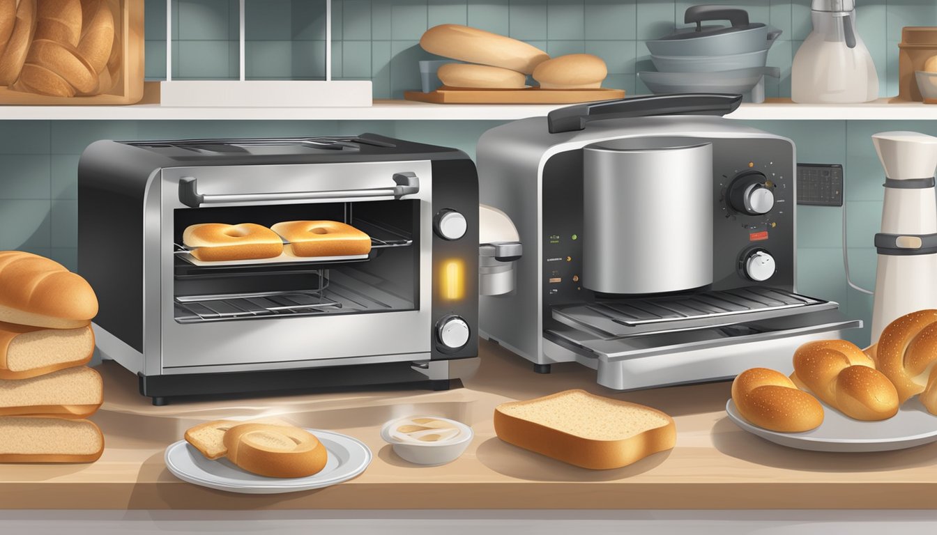 A kitchen counter with a variety of toasters and toaster ovens, surrounded by different types of bread and bagels