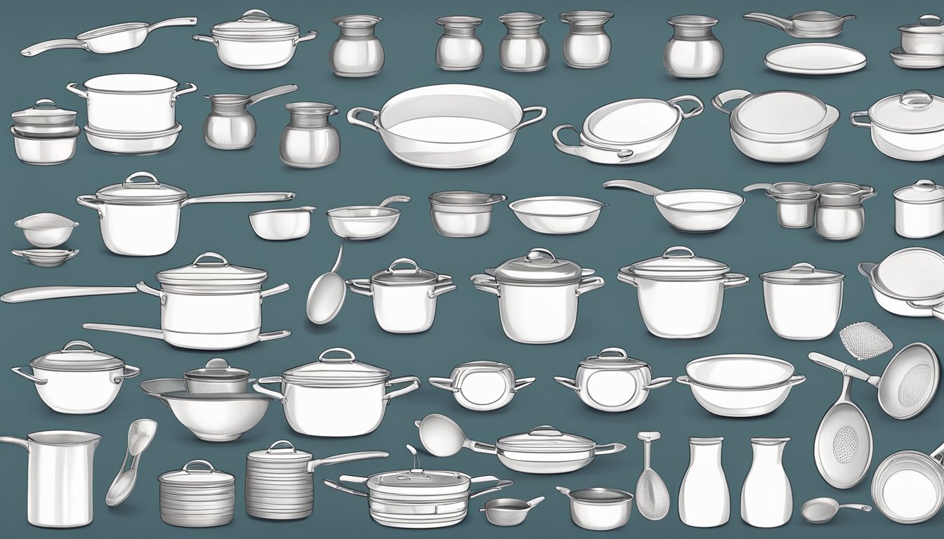 A variety of cookware materials laid out with different shapes and sizes, showcasing their features and user experience for cooking different dishes