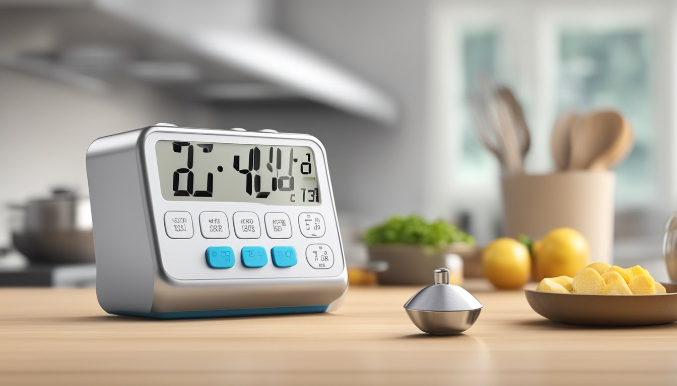 A digital kitchen timer placed next to various kitchen tools on a countertop, with the timer set and counting down