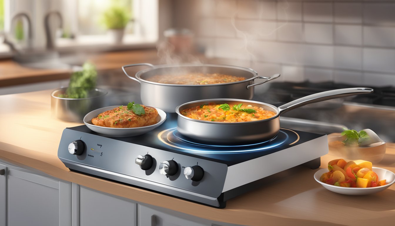 A digital kitchen timer placed next to a sizzling pan of food on a stove, with steam rising and a perfectly cooked dish in the background