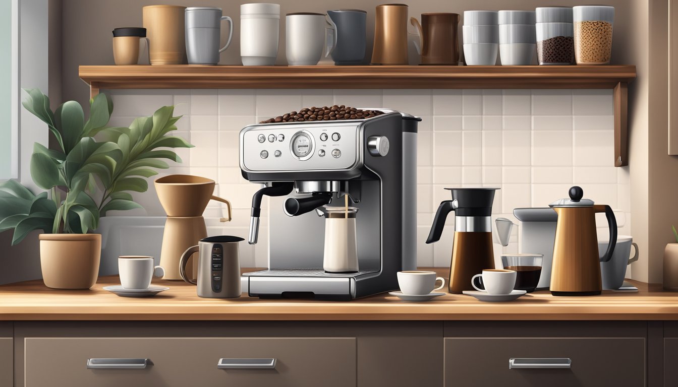 A cozy kitchen corner with a sleek espresso machine, a variety of coffee mugs, a selection of gourmet coffee beans, and a stylish grinder and frother