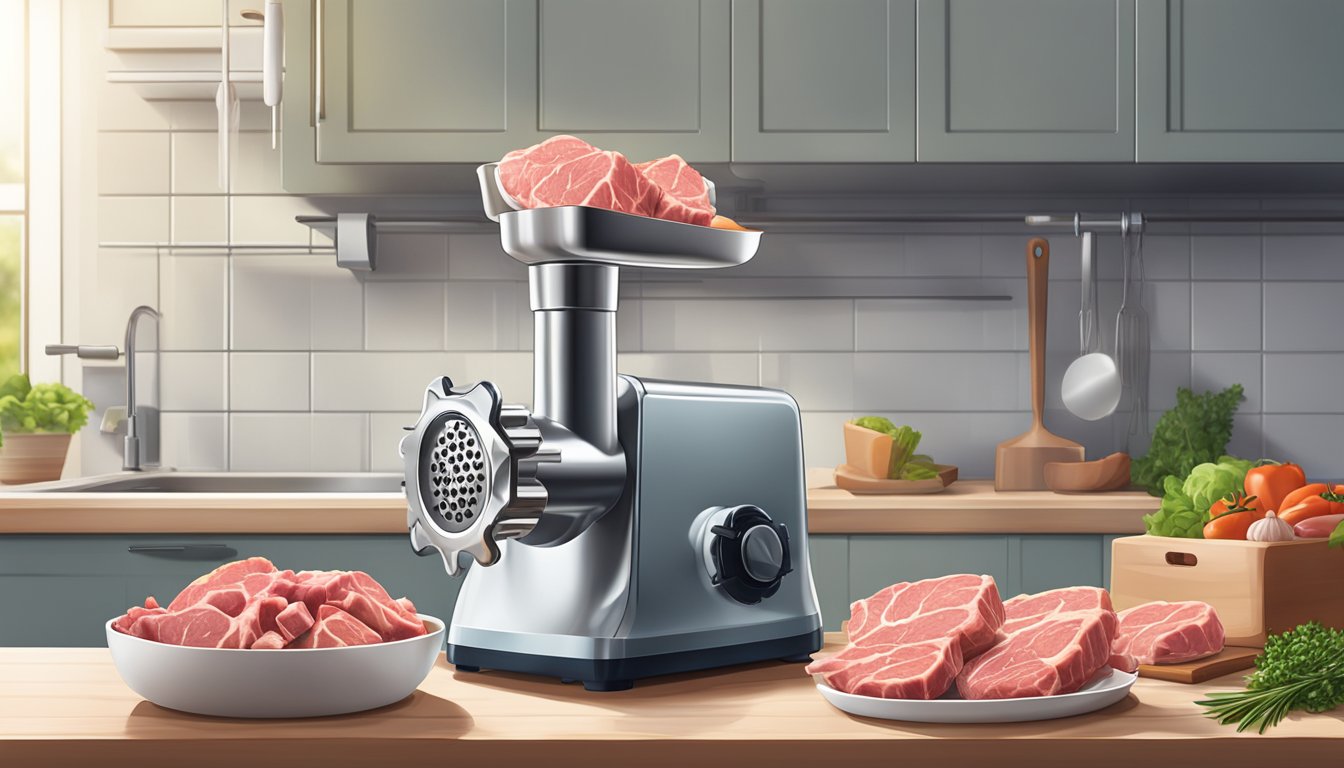 A meat grinder in a clean, well-lit kitchen, with fresh cuts of meat ready to be fed into the machine