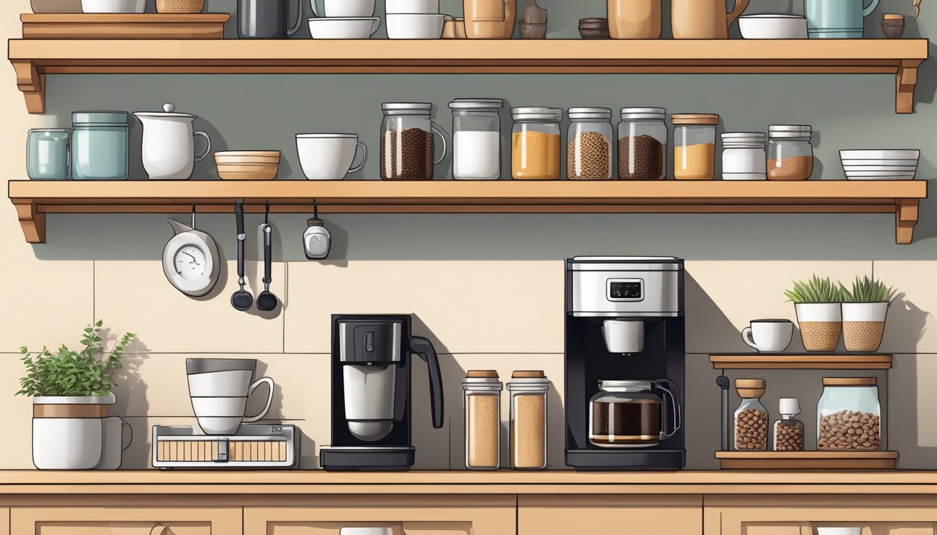 A cozy kitchen counter with a coffee machine, mugs, jars of coffee beans, and various accessories neatly organized on shelves and hooks