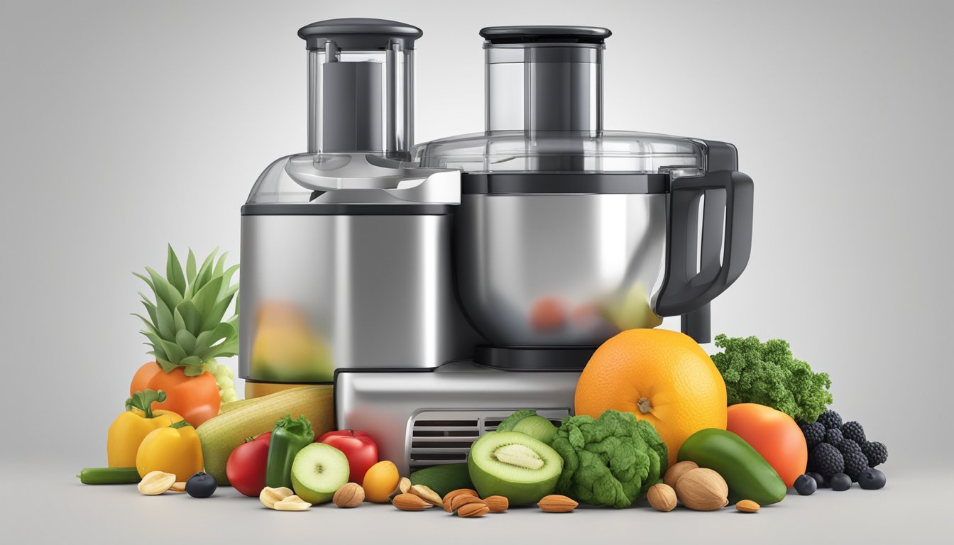 A food processor sits on a clean kitchen counter, surrounded by various fresh fruits, vegetables, and nuts. The machine is ready to be used, with its sharp blades and attachments in place