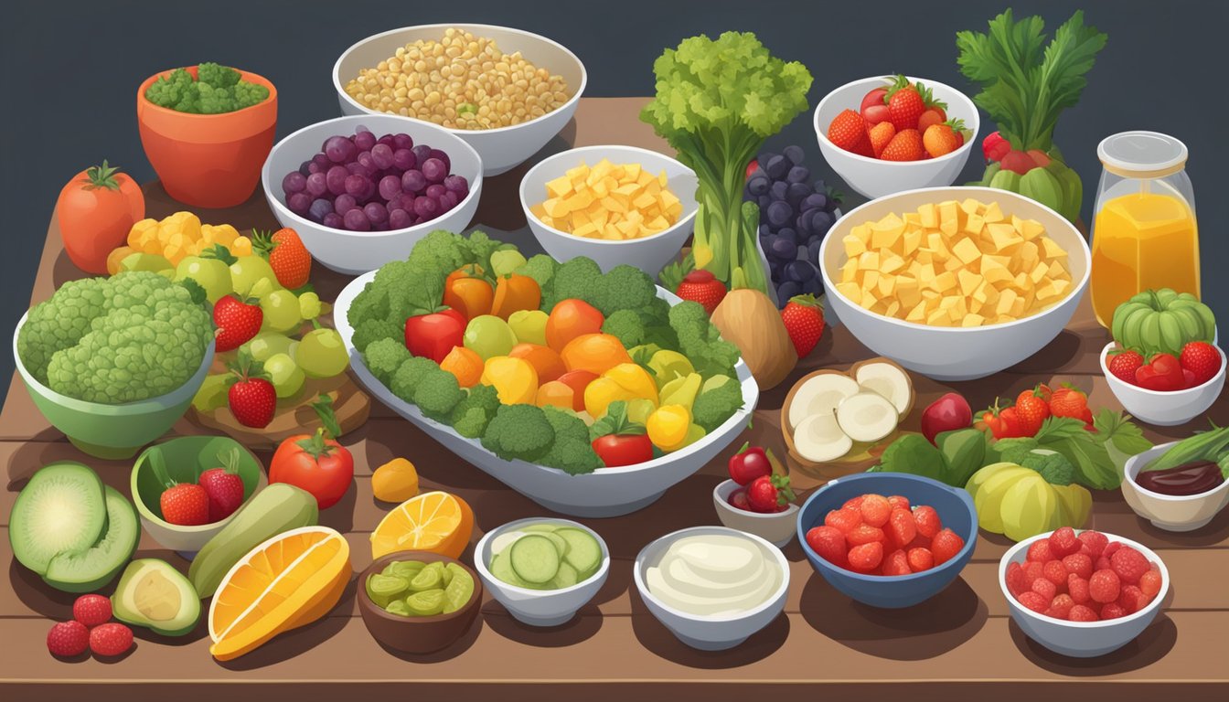 A table with a variety of colorful fruits and vegetables being chopped and prepared, with bowls of condiments and snacks arranged neatly