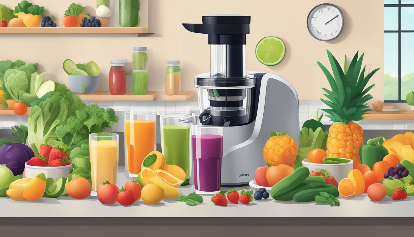 A bustling kitchen with colorful fruits and vegetables being juiced, blended, and sliced with minimal waste