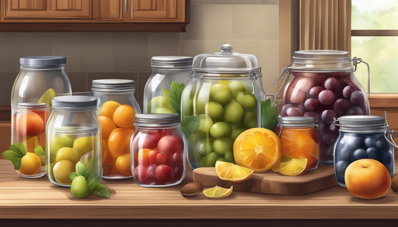 A rustic kitchen counter with assorted fruit, sugar, pots, and jars for making and preserving jams and jellies