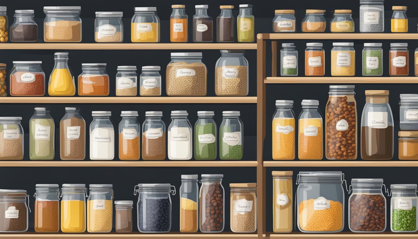 A neatly organized pantry with labeled jars of essential ingredients, such as grains, beans, and spices, alongside a variety of canned goods and oils