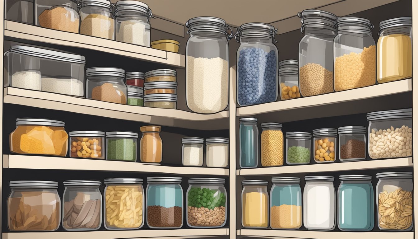 A neatly organized pantry with labeled jars and containers, filled with staple ingredients like rice, beans, pasta, and canned goods. A shopping list and meal plan pinned to the fridge