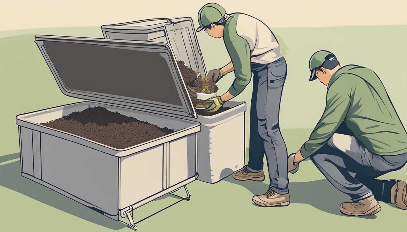 A person assembling a DIY compost bin using a plastic container, drilling holes for aeration, and adding kitchen scraps