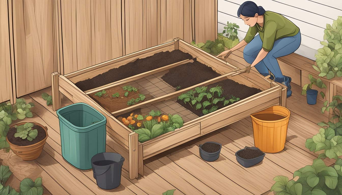 A person assembling a DIY compost bin using wooden planks and a mesh screen, surrounded by kitchen scraps and gardening tools