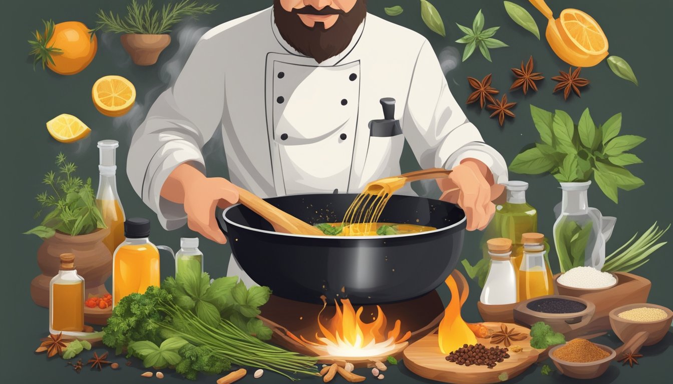 A chef pouring oil into a sizzling hot pan, creating steam and a burst of aroma, surrounded by various herbs and spices