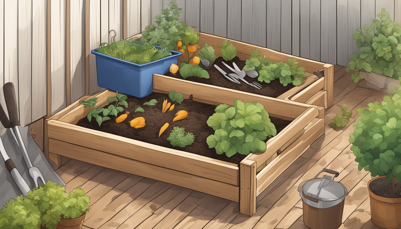 A person constructing a DIY compost bin using wooden planks and a mesh screen, surrounded by kitchen scraps and gardening tools