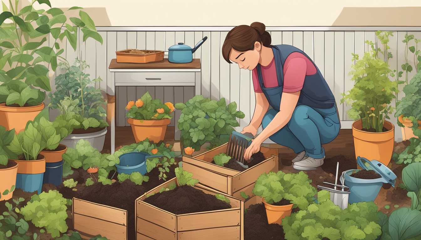 A person assembling a wooden compost bin, surrounded by kitchen scraps and gardening tools