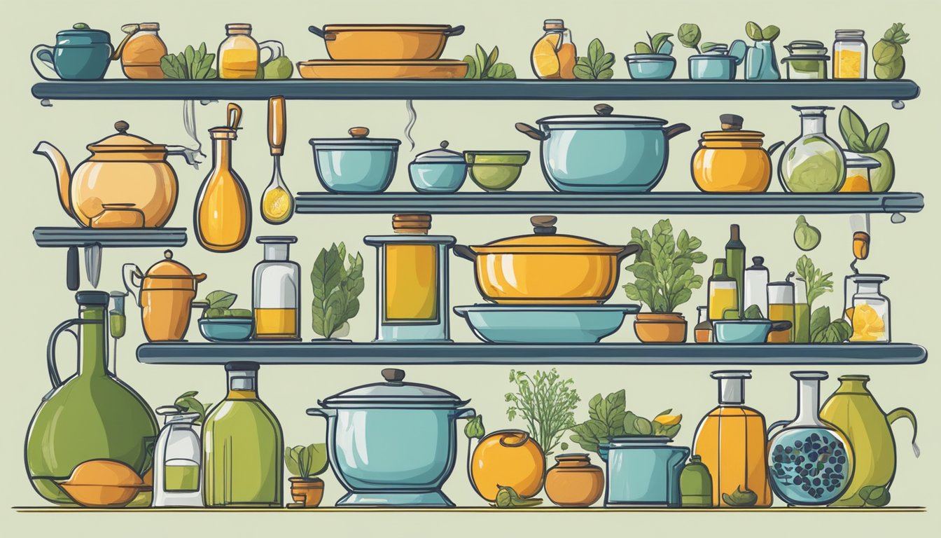 A kitchen scene with various oils displayed, surrounded by images or symbols representing sustainability and ethical considerations