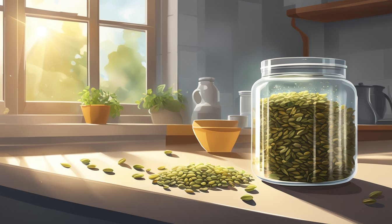 Seeds scattered on a damp paper towel inside a glass jar. Sunlight streaming in through a window, illuminating the jar on the kitchen counter