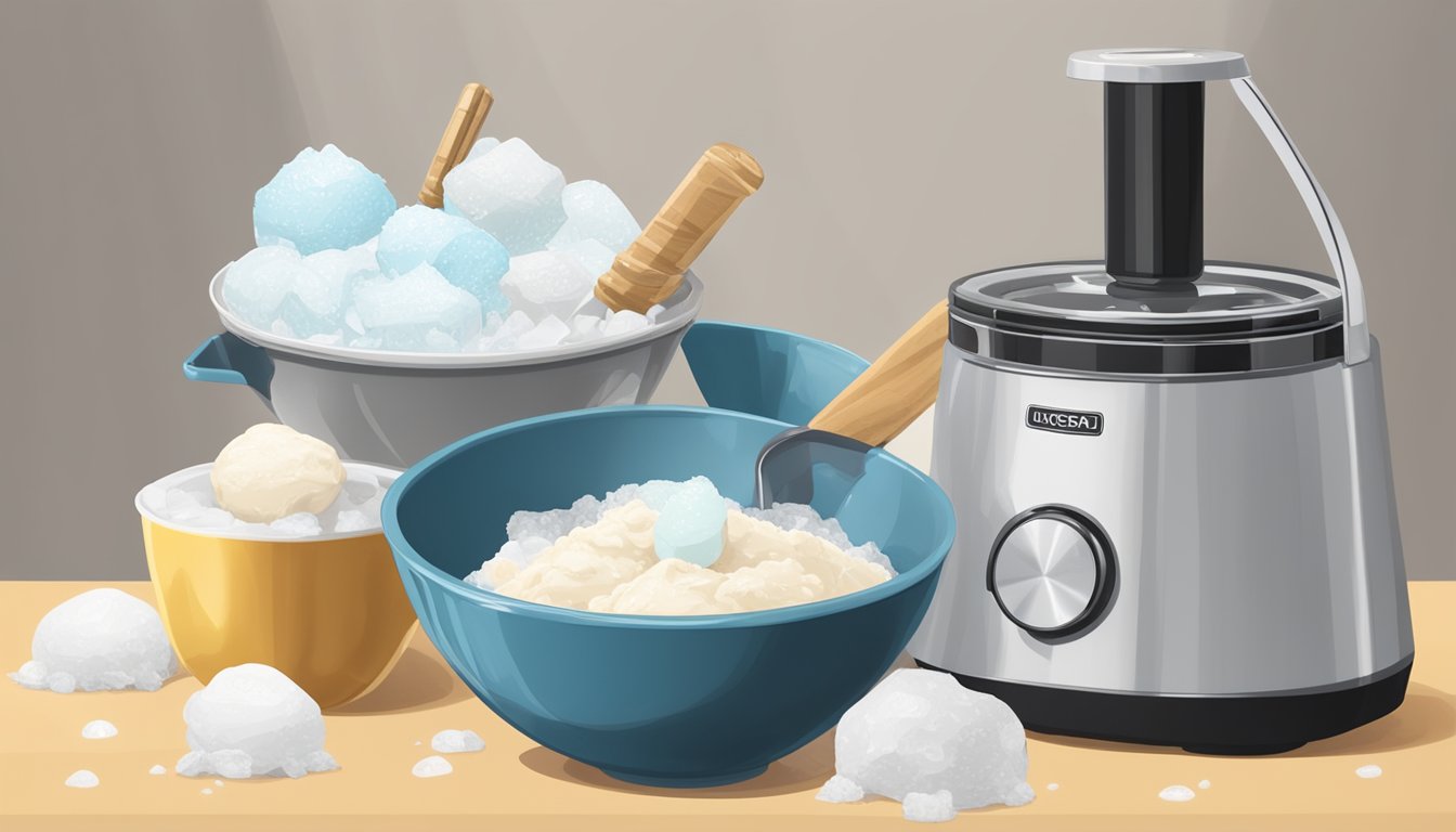 A mixing bowl filled with cream, sugar, and vanilla extract, surrounded by a bag of ice and rock salt, with a hand-cranked ice cream maker in the background