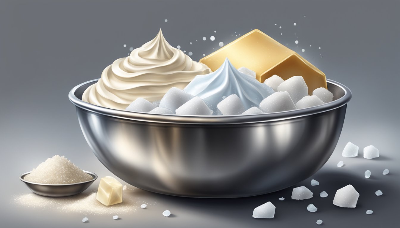 Fresh cream, sugar, and vanilla extract mixed in a metal bowl. Ice and salt surround a smaller metal bowl inside a larger one