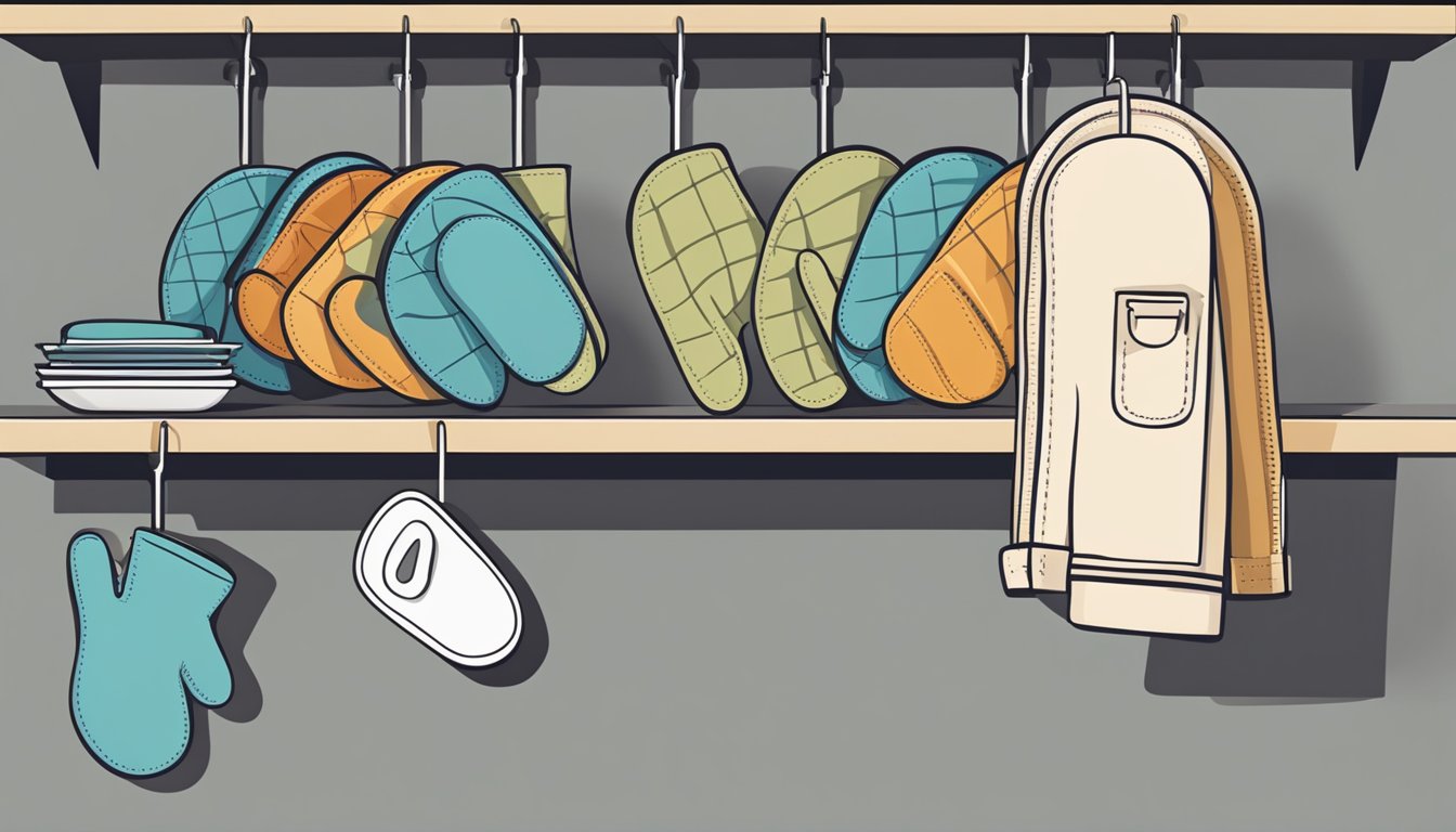 A hand reaching for oven mitts hanging on a hook, with various options displayed on a nearby shelf. The mitts have different designs and materials for heat protection