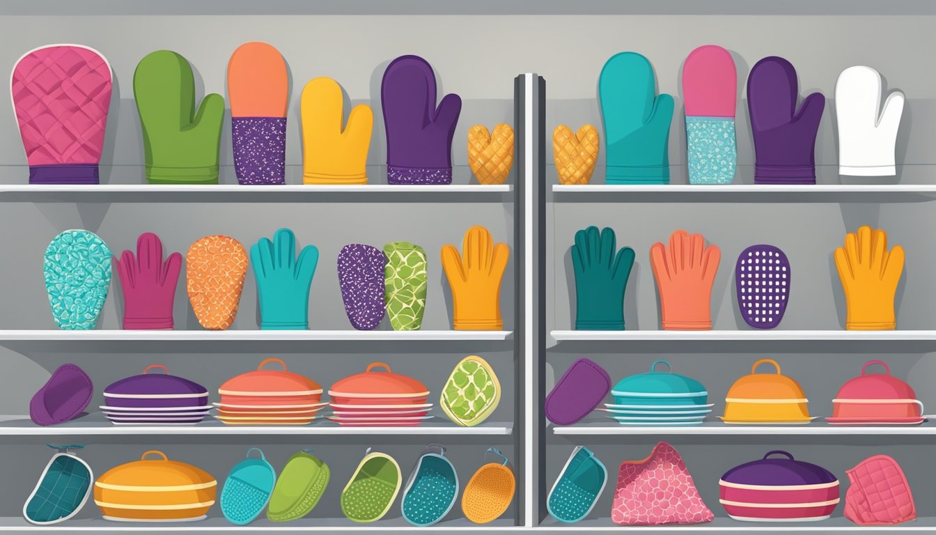 A variety of oven mitts in different colors and designs, including silicone, fabric, and heat-resistant materials, displayed on shelves in a kitchenware store