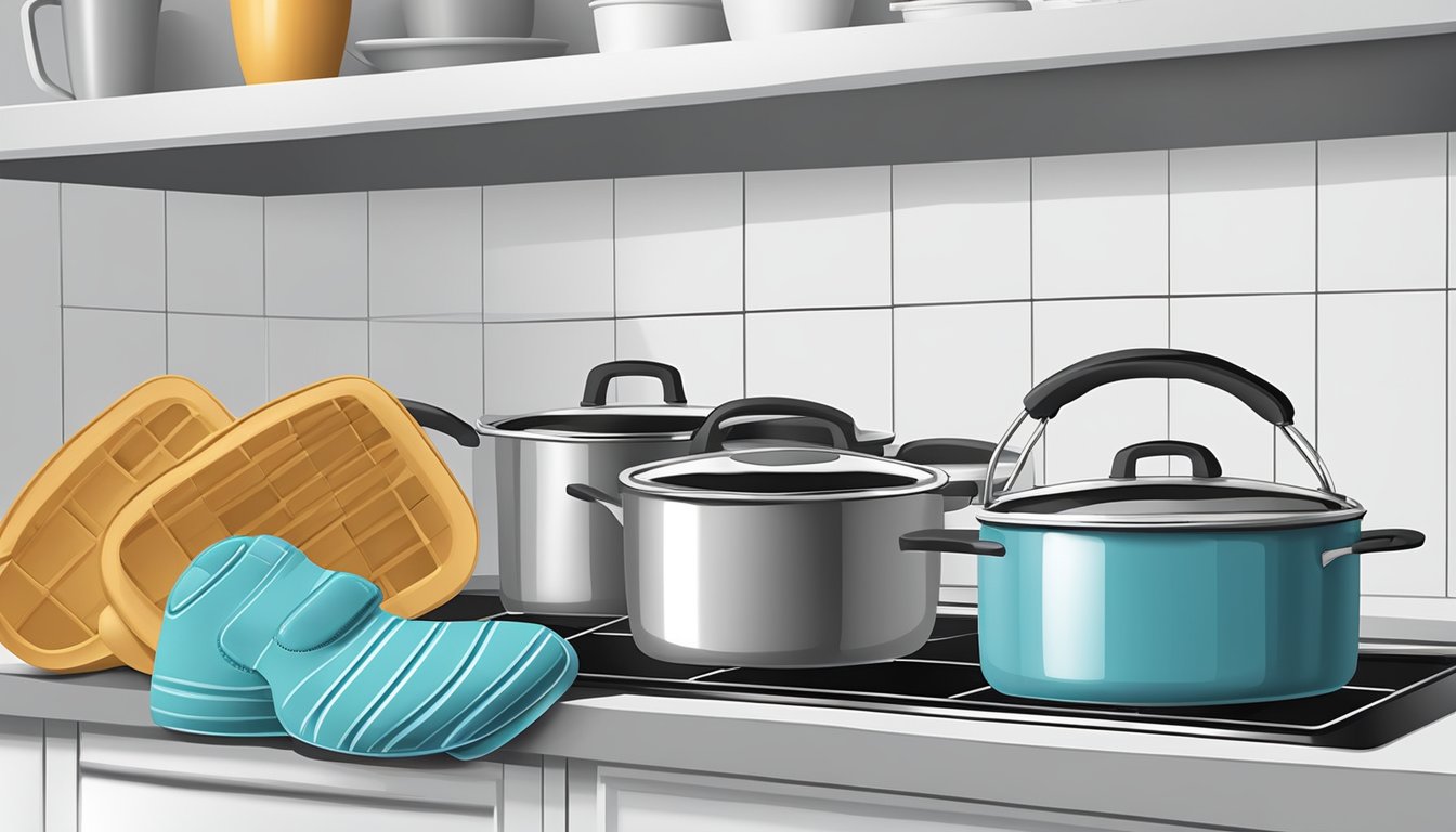 A kitchen scene with various types of oven mitts displayed on a counter, with a pot or pan in the background to show heat protection