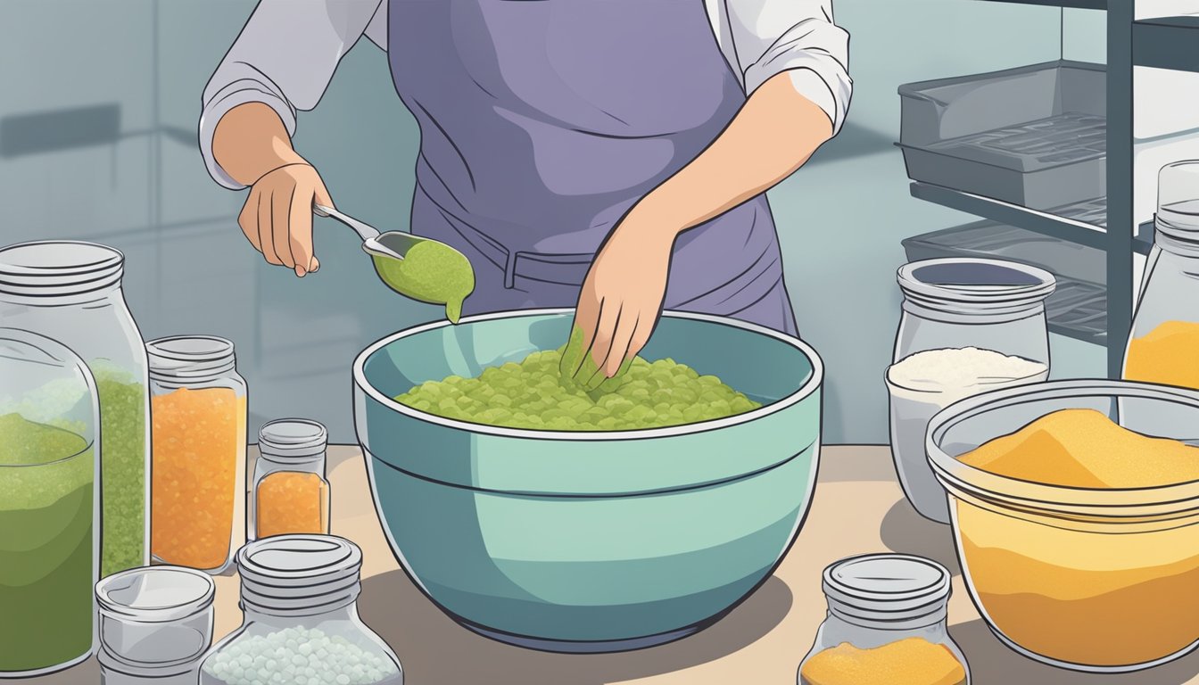 A person mixing ingredients in a bowl, pouring the mixture into a container, and placing it in the freezer