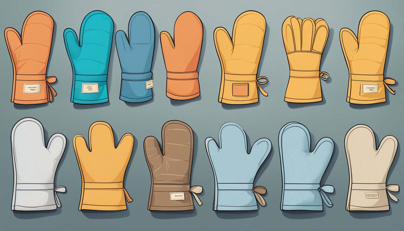 A variety of oven mitts displayed with labels indicating heat protection levels