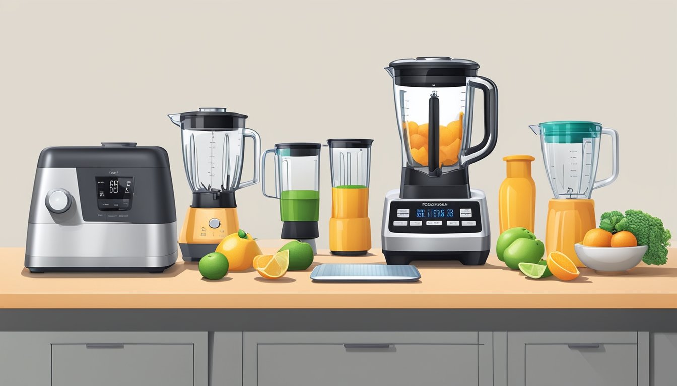 A kitchen counter with various gadgets laid out, including a sleek blender, a versatile food processor, a sturdy chef's knife, and a digital kitchen scale