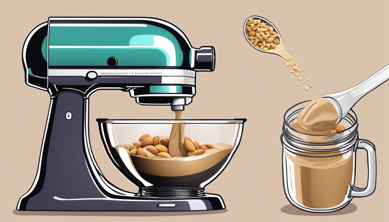 Nuts pouring into a high-speed blender, with a creamy nut butter being scooped out into a jar