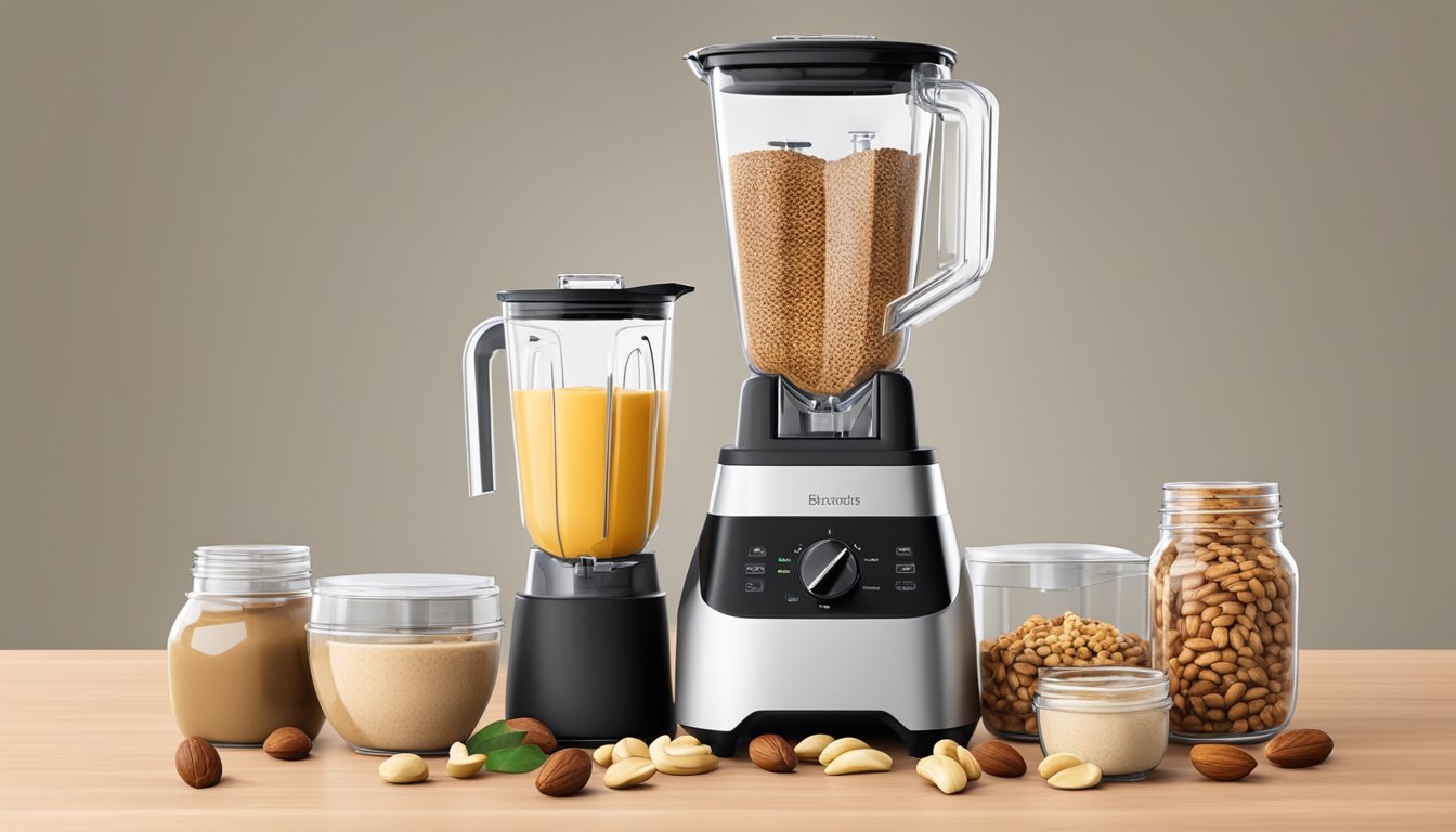 A high-speed blender filled with a variety of nuts, ready to be blended into creamy nut butter