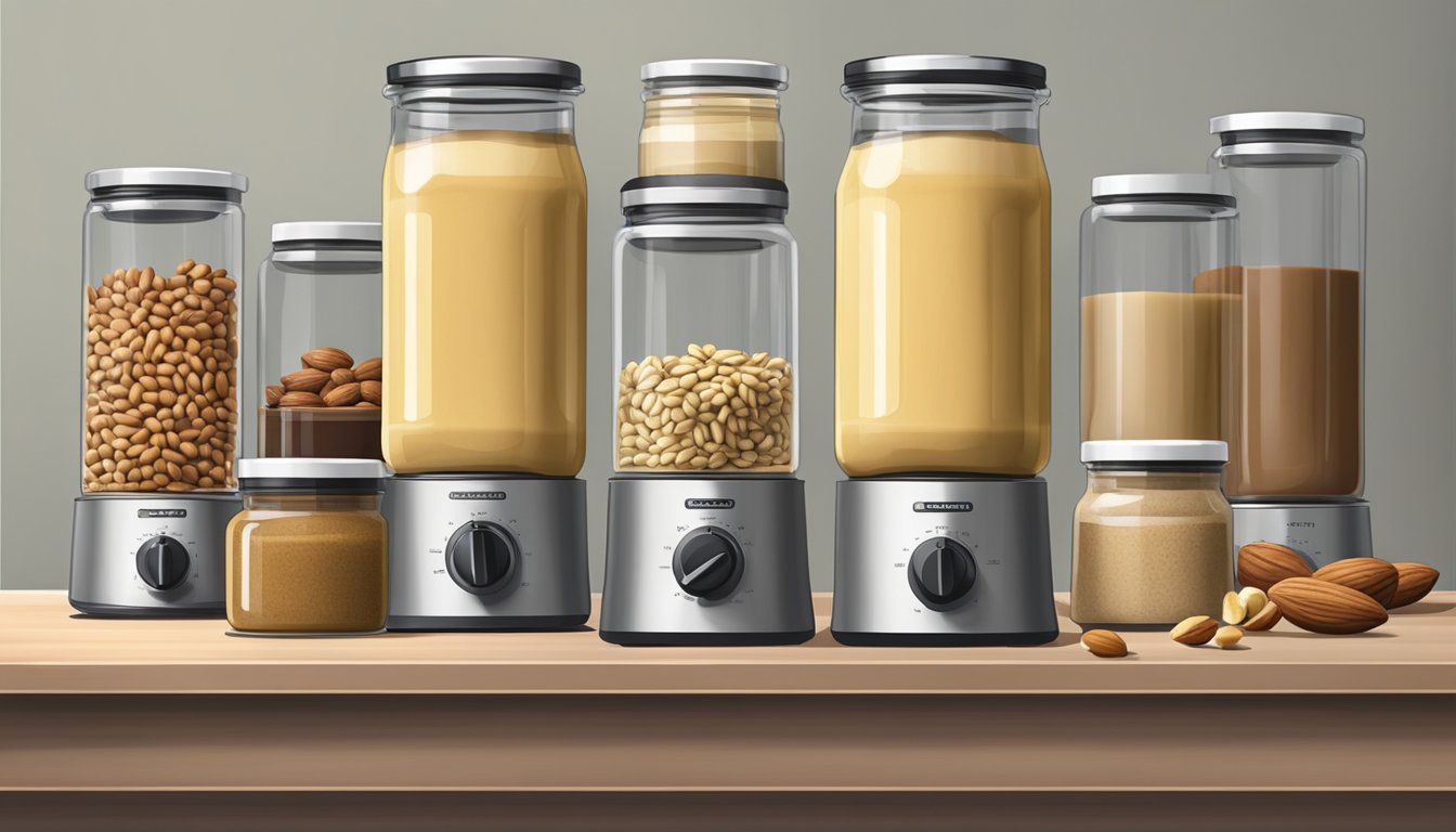 A high-speed blender whirring as it processes nuts into smooth butter, with jars of finished nut butter lined up on a shelf for storage