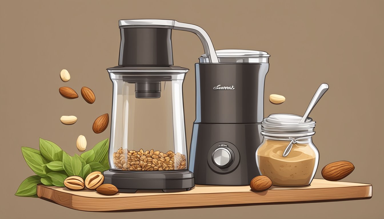 A high-speed blender surrounded by various nuts and seeds, with a jar of freshly made nut butter and a spreader on a wooden cutting board