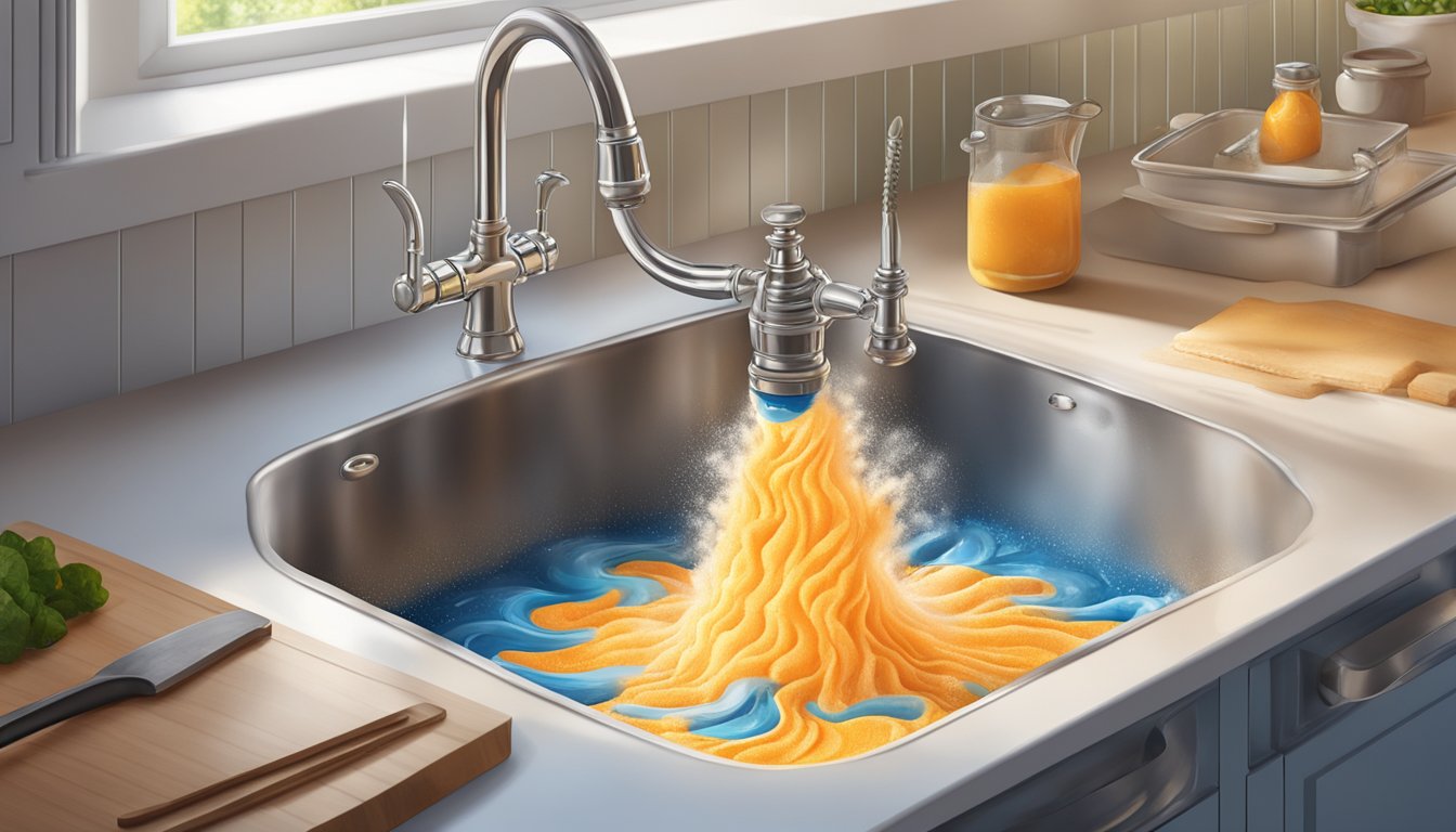 A kitchen sink with a bubbling baking soda volcano erupting from the drain, clearing away the clog