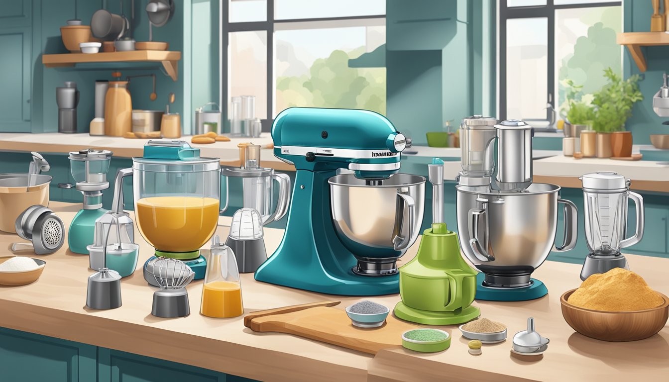 A variety of mixers displayed on a kitchen counter, including stand mixers, hand mixers, and immersion blenders. Ingredients and baking tools are scattered around