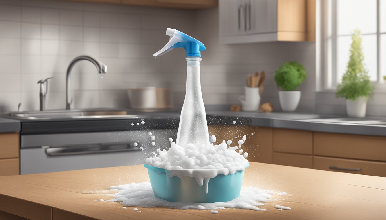 A clear plastic bottle filled with baking soda and vinegar erupting with foam, surrounded by a messy kitchen sink and drain