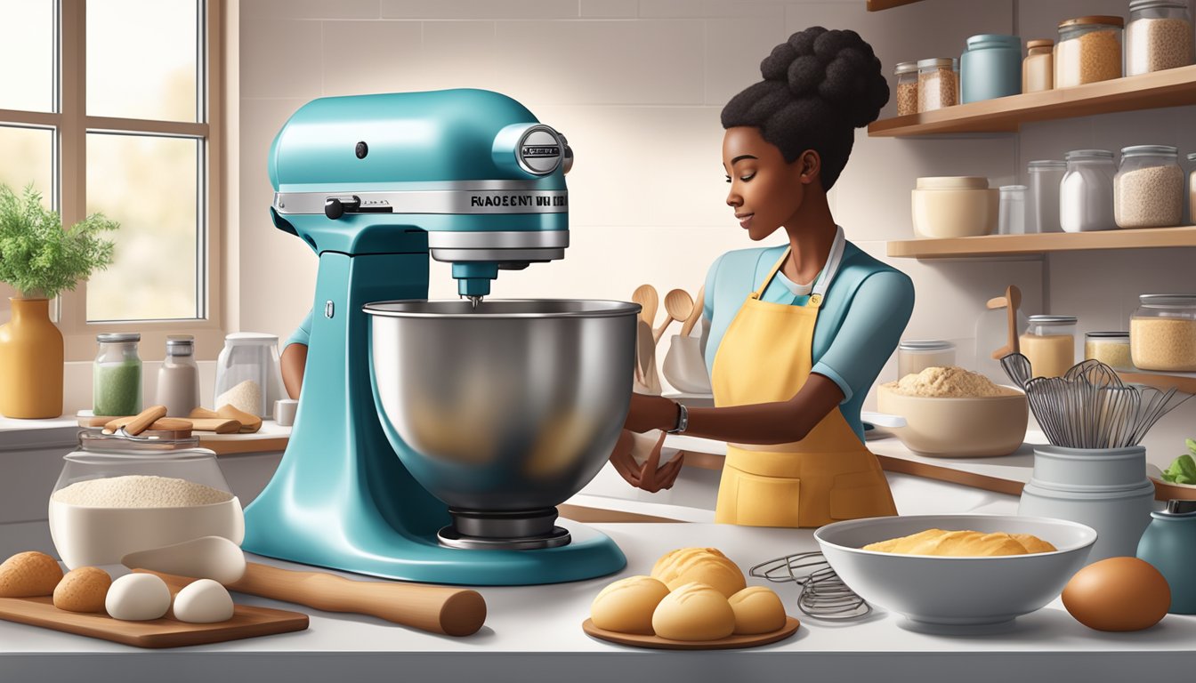 A baker effortlessly adjusts settings on a sleek mixer while surrounded by organized baking tools and ingredients