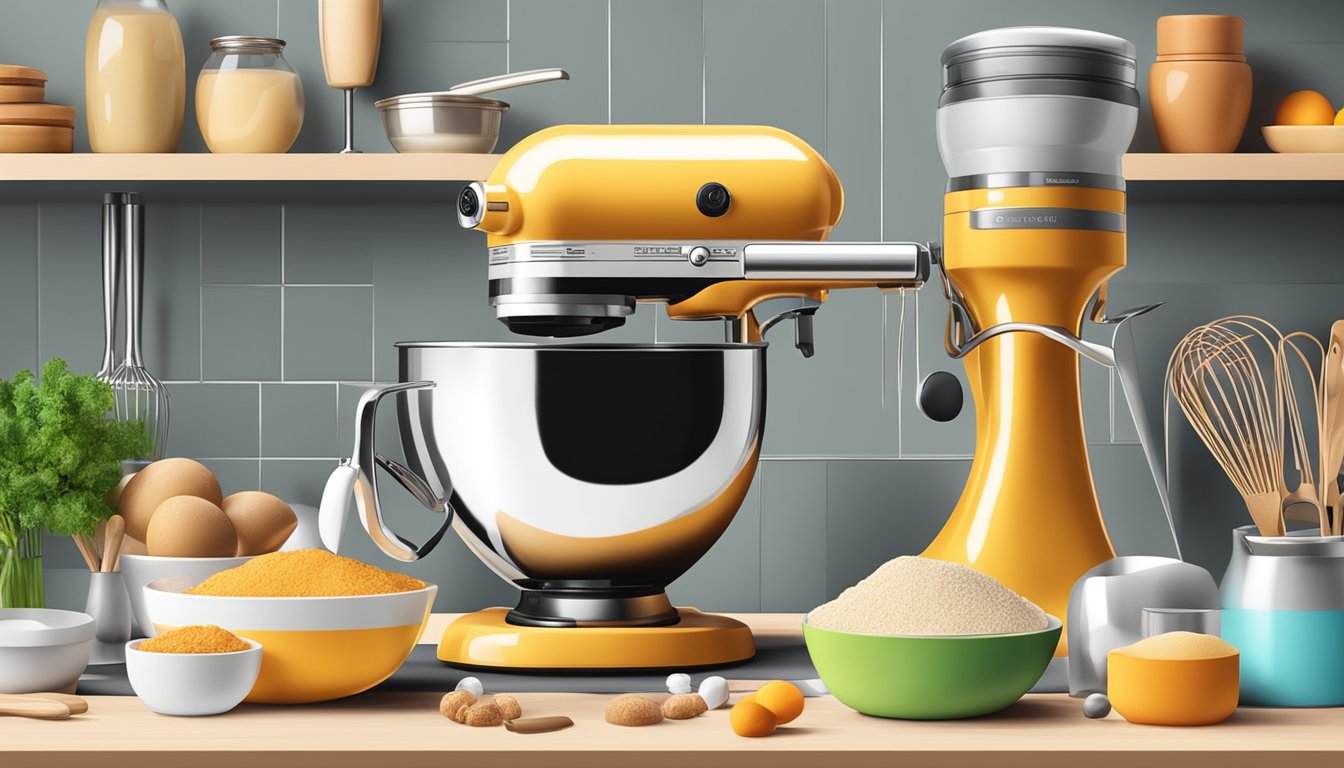 A modern kitchen with a sleek, stainless steel mixer surrounded by various baking ingredients and utensils