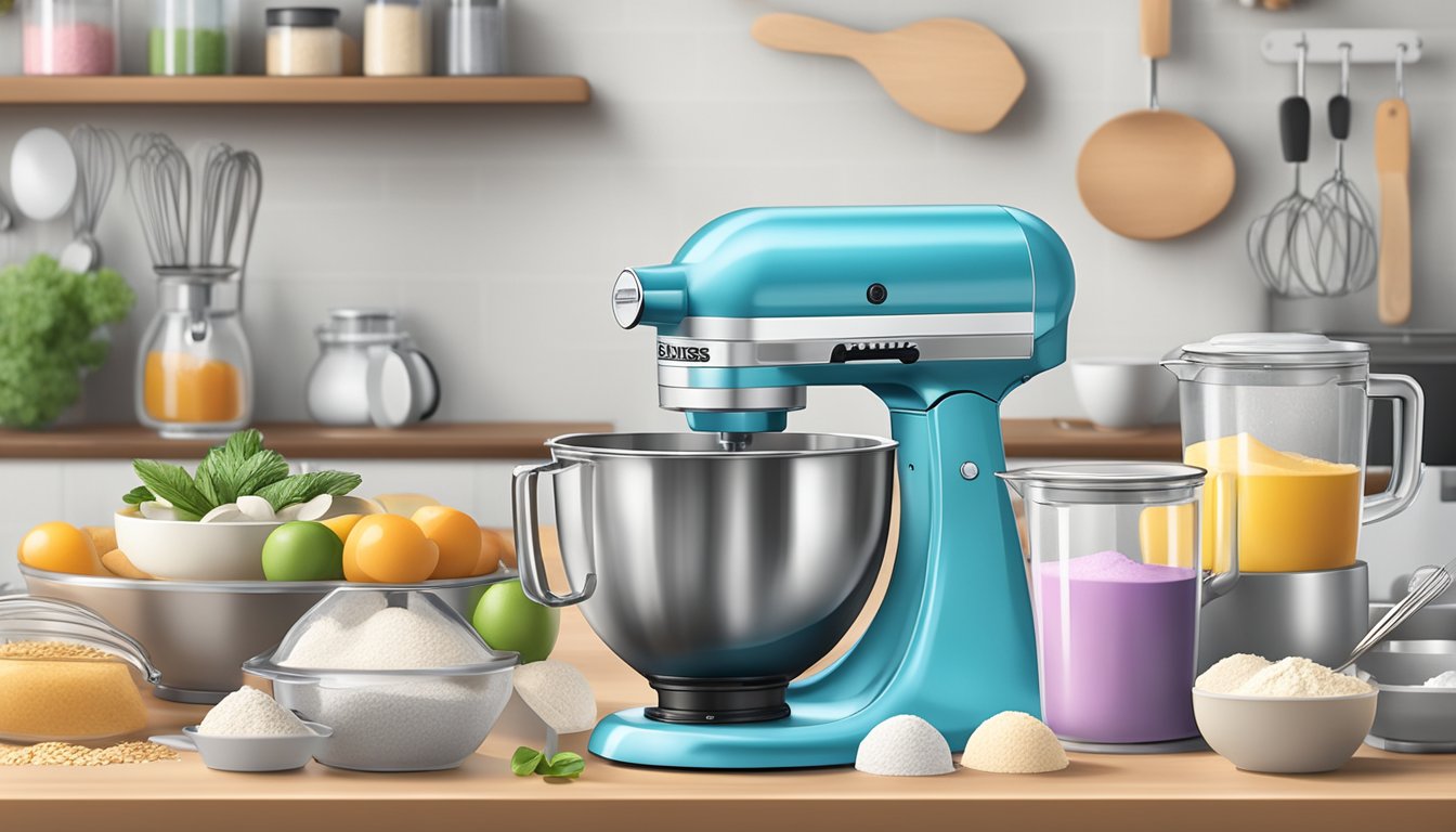 A variety of mixers displayed with price tags, surrounded by baking ingredients and utensils on a kitchen counter