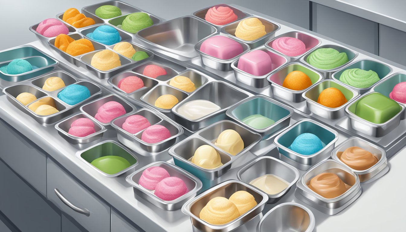 A freezer with neatly organized rows of various ice cream containers, surrounded by scoops and serving bowls on a clean countertop