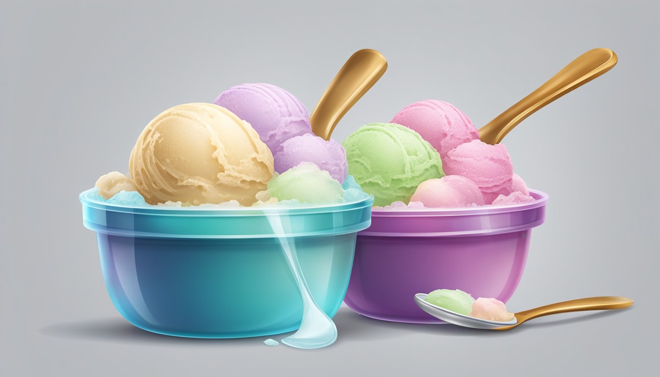 A scoop of ice cream stored in a tightly sealed container in the freezer, then served in a chilled bowl with a spoon