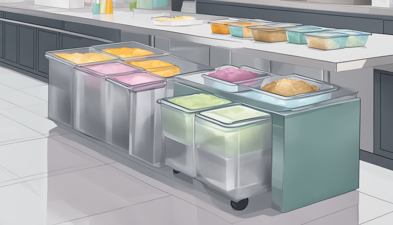 A freezer with neatly organized containers of ice cream, a scoop resting on the counter, and a serving bowl ready nearby