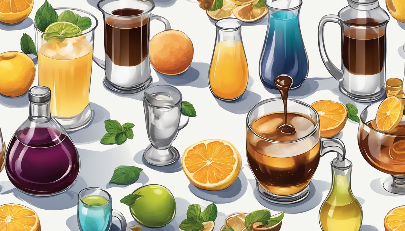 A table with various flavored syrups, coffee, and cocktail ingredients. A person mixing and pouring syrups into beverages