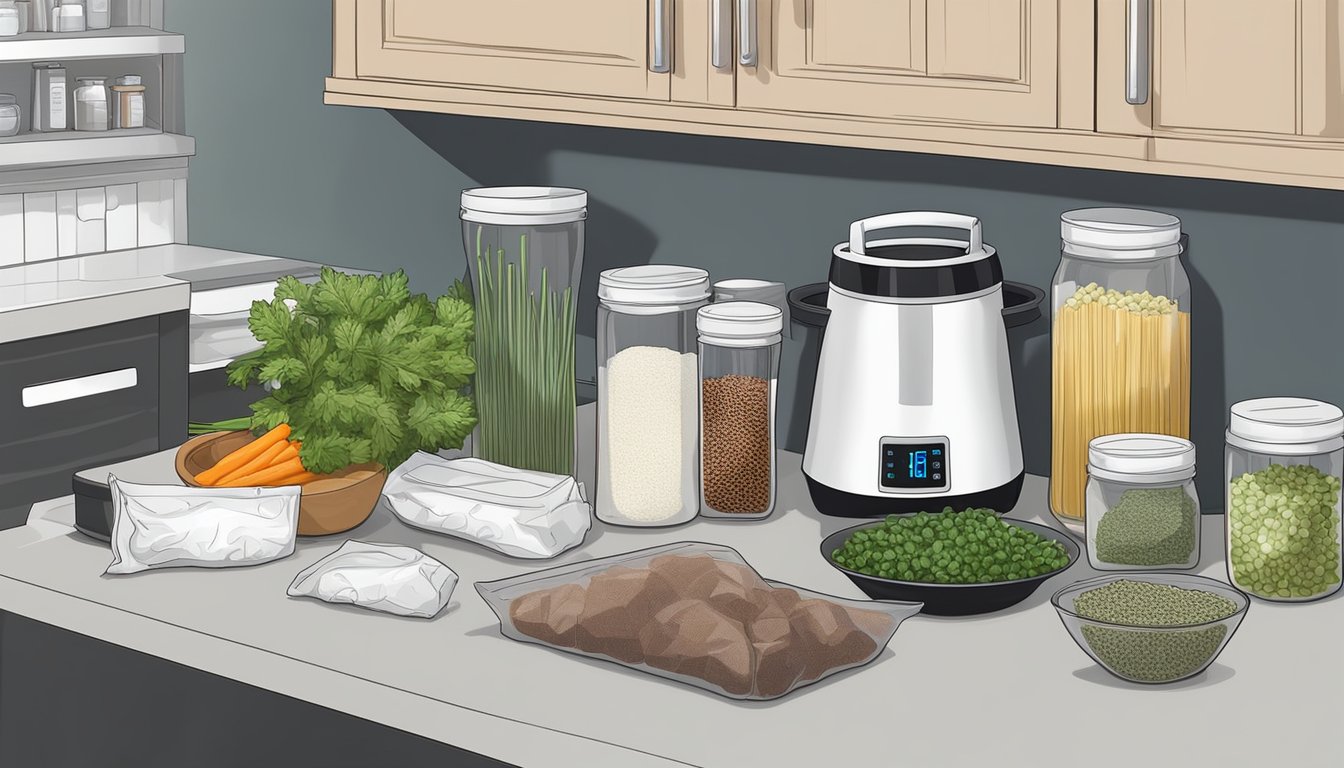 Various ingredients arranged on a clean, organized kitchen counter for sous vide cooking. Vacuum-sealed bags, herbs, and seasonings are ready for preparation