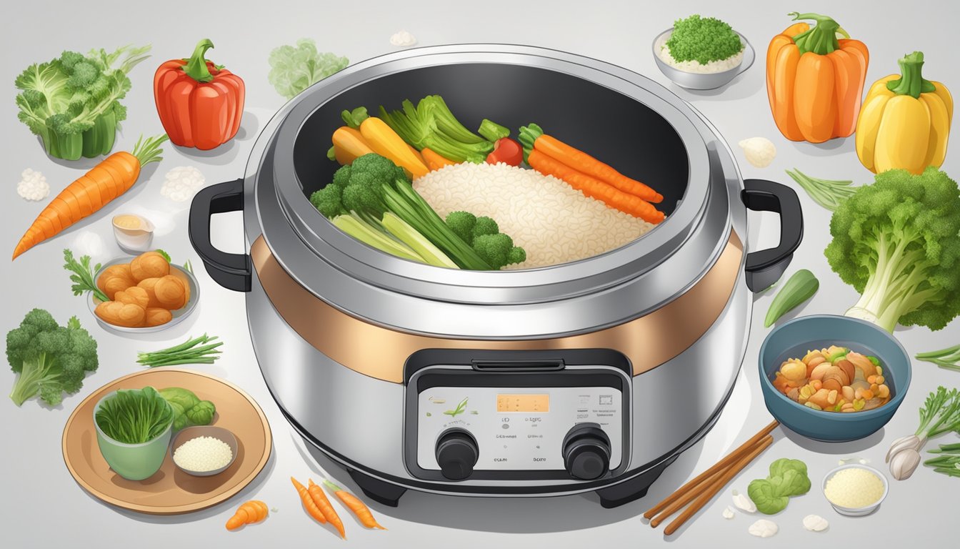 A rice cooker filled with a variety of vegetables and side dishes cooking together, steam rising from the pot