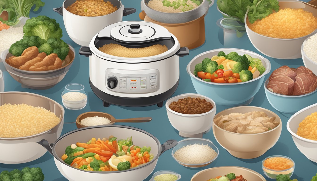 A rice cooker with various ingredients inside, including rice, vegetables, and meat, demonstrating its versatility for cooking different dishes