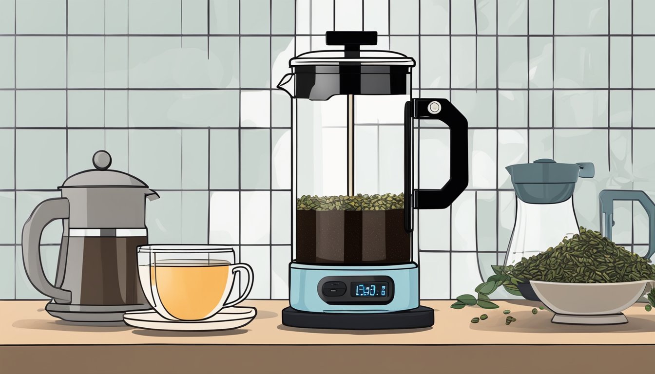 A French press sits on a kitchen counter, filled with loose tea leaves and hot water. A timer nearby indicates the steeping time