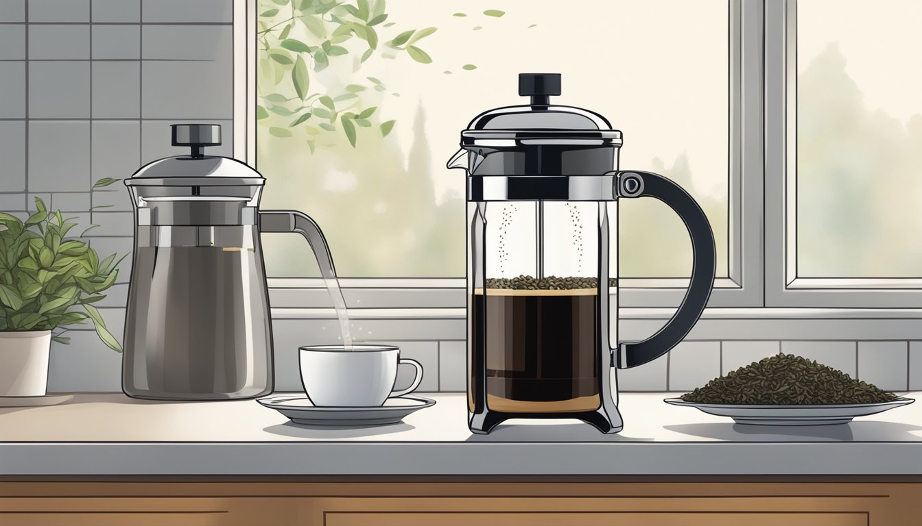 A French press sits on a kitchen counter, filled with loose tea leaves and hot water, as steam rises from the spout