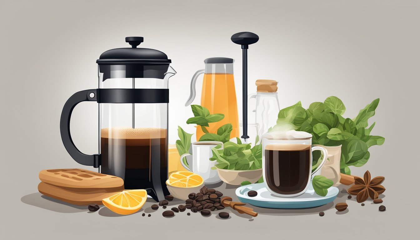 A French press surrounded by various ingredients and kitchen utensils, with steam rising from it as it brews something other than coffee