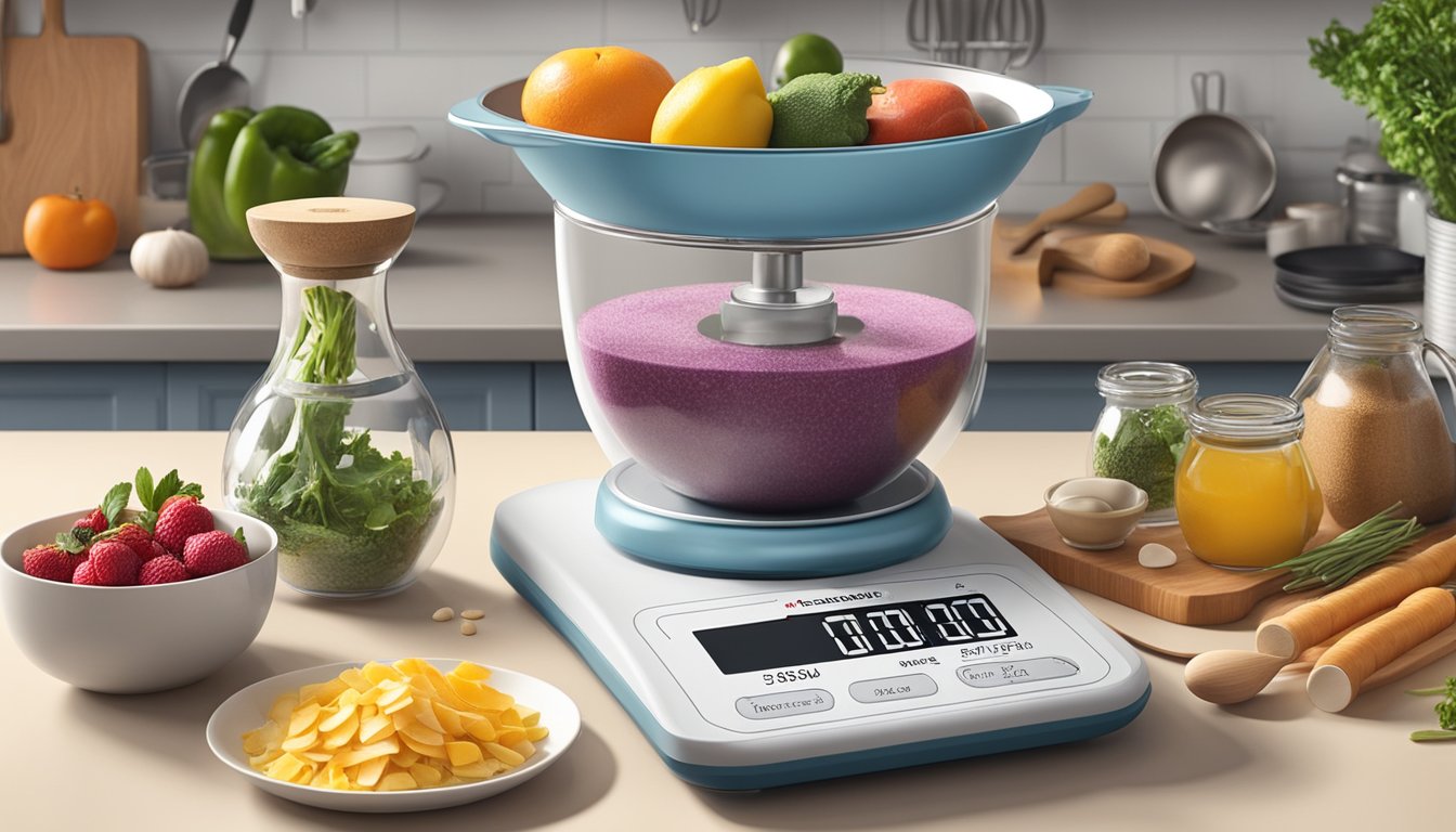 A food scale sits on a clean kitchen counter, surrounded by various ingredients and measuring utensils. The scale's digital display shows a precise measurement